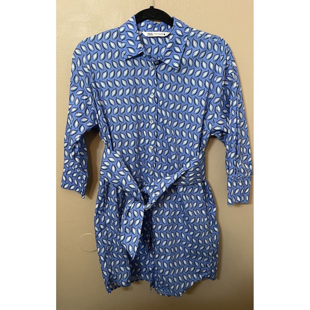 Zara Women's Midi Shirt Dress Belted Blue with Pattern Size XS NWOT
